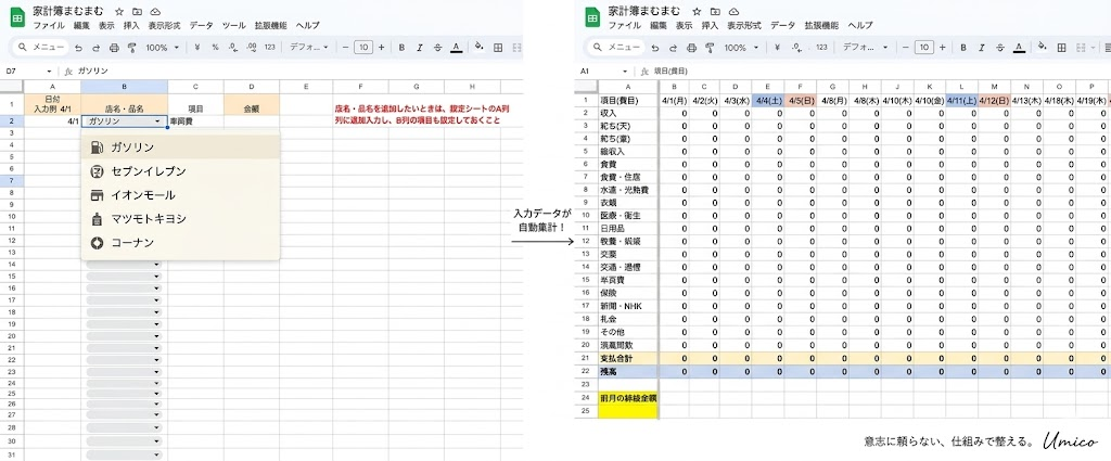 自作のスプレッドシート家計簿の入力画面