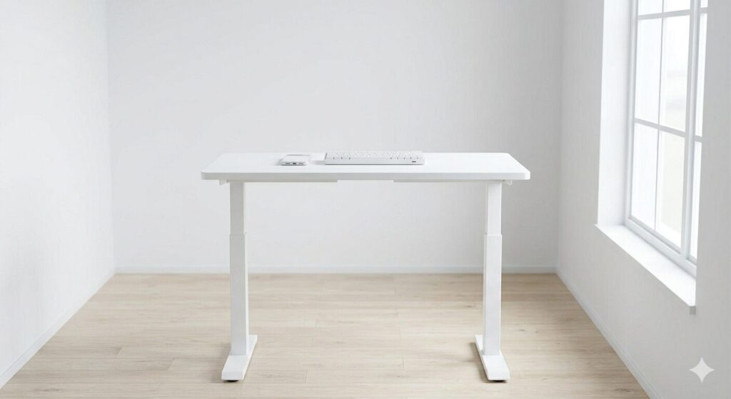 FlexiSpotの白い昇降デスクをスタンディングの高さに設定した、ミニマルな作業環境