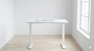 FlexiSpotの白い昇降デスクをスタンディングの高さに設定した、ミニマルな作業環境